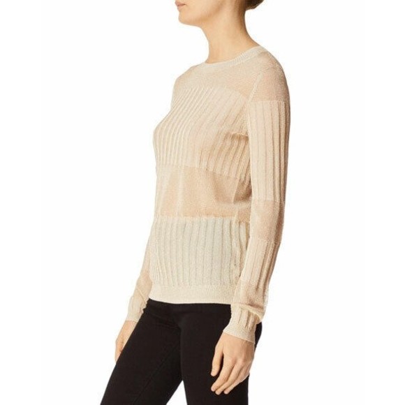 $248 NEW J BRAND Womens XS Sheer Ribbed Knit Crew Neck METALLIC GOLD Tan Sweater - Picture 6 of 9